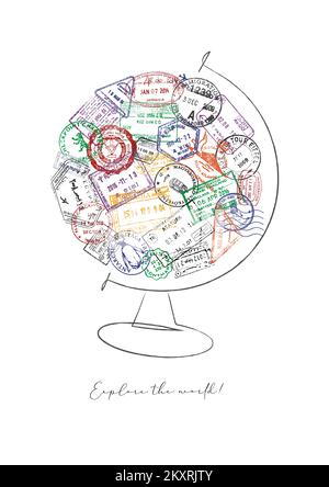 Globe made from a passport stamps different countries with lettering explore the world poster Stock Photo