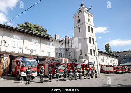Firefighters of professional Fire Brigade of Zagreb marks the 14th anniversary of the tragedy in Zagreb, Croatia on August 30, 2021. On 30 August 2007, a fire broke out on the island of Kornat, team of 23 firemen was sent, 13 firefighters got stranded between two hills with no water and got encircled by a wall of fire. Six were killed on the scene and six later from burns in hospital. Photo: Goran Stanzl/PIXSELL Stock Photo