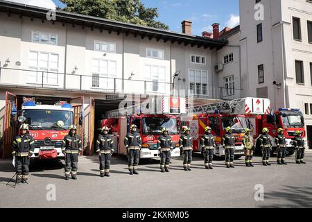 Firefighters of professional Fire Brigade of Zagreb marks the 14th anniversary of the tragedy in Zagreb, Croatia on August 30, 2021. On 30 August 2007, a fire broke out on the island of Kornat, team of 23 firemen was sent, 13 firefighters got stranded between two hills with no water and got encircled by a wall of fire. Six were killed on the scene and six later from burns in hospital. Photo: Goran Stanzl/PIXSELL Stock Photo