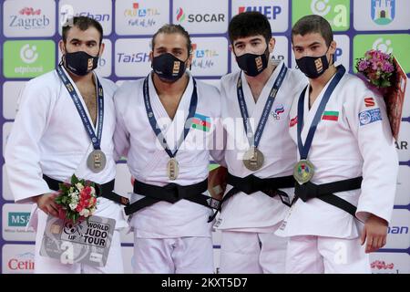 ZAGREB, CROATIA - SEPTEMBER 25: (L-R) Silver medalist Victor Sterpu of Moldova, gold medalist Hidayet Heydarov of Azerbaijan and bronze medalists Makhmadbek Makhmadbekov of Russia and Mark Hristov of Bulgaria during the Men's -73kg medal ceremony on day two of the Judo Grand Prix Zagreb 2021 at Arena Zagreb in Zagreb, Croatia on September 25, 2021. Photo: Igor Kralj/PIXSELL Stock Photo