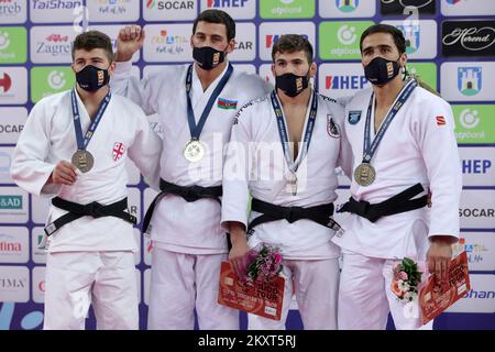 ZAGREB, CROATIA - SEPTEMBER 26: (L-R) Silver medalist Luka Maisuradze of Georgia, gold medalist Mammadali Mehdiyev of Azerbaijan and bronze medalists Wachid Borchashvili of Austria and Khusen Khalmurzaev of Russia during the Men's -90kg medal ceremony on day 3 of the Judo Grand Prix Zagreb 2021 at Arena Zagreb in Zagreb, Croatia on September 26, 2021. Photo: Igor Kralj/PIXSELL Stock Photo