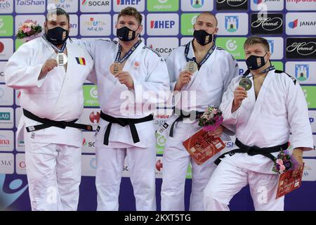 ZAGREB, CROATIA - SEPTEMBER 26: (L-R) Silver medalist Vladut Simionescu of Romania, gold medalist Jur Spijkers of Netherlands and bronze medalists Yevheniy Balyevskyy of Ukraine and Martti Puumalainen of Finland during the Men's +100kg medal ceremony on day 3 of the Judo Grand Prix Zagreb 2021 at Arena Zagreb in Zagreb, Croatia on September 26, 2021. Photo: Igor Kralj/PIXSELL Stock Photo