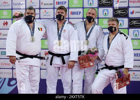 ZAGREB, CROATIA - SEPTEMBER 26: (L-R) Silver medalist Vladut Simionescu of Romania, gold medalist Jur Spijkers of Netherlands and bronze medalists Yevheniy Balyevskyy of Ukraine and Martti Puumalainen of Finland during the Men's +100kg medal ceremony on day 3 of the Judo Grand Prix Zagreb 2021 at Arena Zagreb in Zagreb, Croatia on September 26, 2021. Photo: Igor Kralj/PIXSELL Stock Photo
