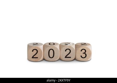 New Year 2023 wooden cubes on white. Stock Photo