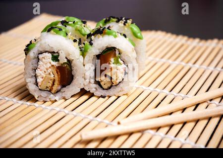 Sushi rolls close up. Traditional Japanese Food. Selective focus Stock Photo