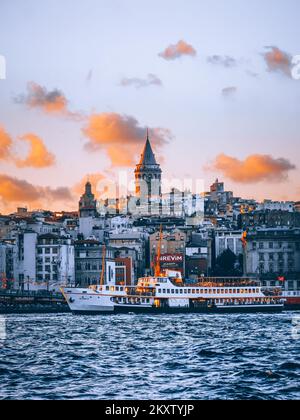 Istanbul city skyline in Turkey, Beyoglu district old houses with Galata tower on top, view from the Golden Horn. Stock Photo