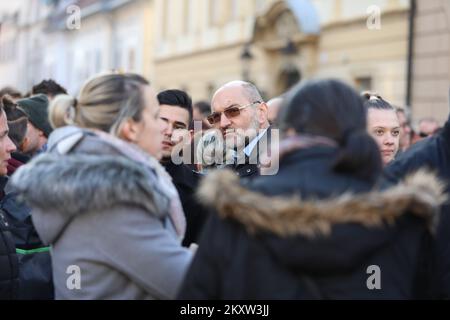 Protesters during the demonstrations in Zagreb, Croatia on Nov. 13, 2021. A lot of people gathered to protest against COVID certificates which means that citizens must be vaccinated or have a negative test to enter certain public areas. The protest was organized by Vigilare, coservative catholic association, in front of St. Mark's Square. Photo: Emica Elvedij/PIXSELL Stock Photo