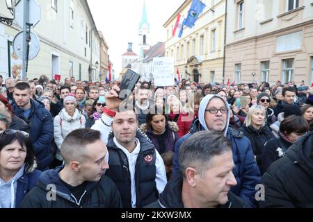 Protesters during the demonstrations in Zagreb, Croatia on Nov. 13, 2021. A lot of people gathered to protest against COVID certificates which means that citizens must be vaccinated or have a negative test to enter certain public areas. The protest was organized by Vigilare, coservative catholic association, in front of St. Mark's Square. Photo: Emica Elvedij/PIXSELL Stock Photo