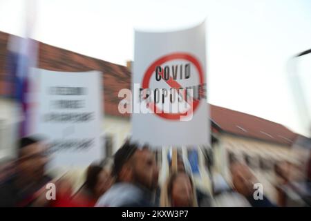 Protesters during the demonstrations in Zagreb, Croatia on Nov. 13, 2021. A lot of people gathered to protest against COVID certificates which means that citizens must be vaccinated or have a negative test to enter certain public areas. The protest was organized by Vigilare, coservative catholic association, in front of St. Mark's Square. Photo: Emica Elvedij/PIXSELL Stock Photo