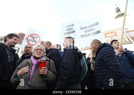 Protesters during the demonstrations in Zagreb, Croatia on Nov. 13, 2021. A lot of people gathered to protest against COVID certificates which means that citizens must be vaccinated or have a negative test to enter certain public areas. The protest was organized by Vigilare, coservative catholic association, in front of St. Mark's Square. Photo: Emica Elvedij/PIXSELL Stock Photo