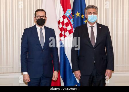 Poland's Prime Minister Mateusz Morawiecki and Croatia Prime Minister Andrej Plenkovic pose for a photo at Banski Dvori in Zagreb, Croatia on November 23, 2021. Photo: Zeljko Hladika/PIXSELL Stock Photo