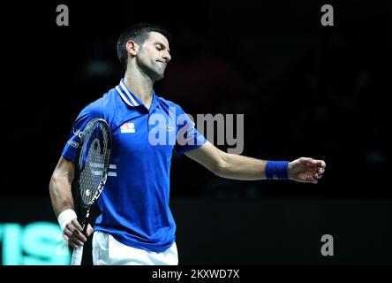 MADRID, SPAIN - DECEMBER 03: Novak Djokovic of Serbia reacts during the Davis Cup Semi Final match between Croatia and Serbia at Madrid Arena on December 03, 2021 in Madrid, Spain. Photo: Sanjin Strukic/PIXSELL  Stock Photo