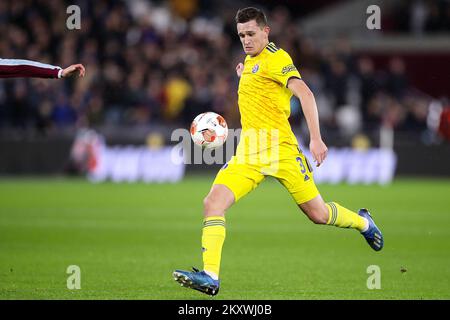 LONDON, ENGLAND - DECEMBER 09: Daniel Stefulj of Dinamo Zagreb runs with the ball during the UEFA Europa League group H match between West Ham United and Dinamo Zagreb at Olympic Stadium on December 9, 2021 in London, United Kingdom. Photo: Igor Kralj/PIXSELL Stock Photo