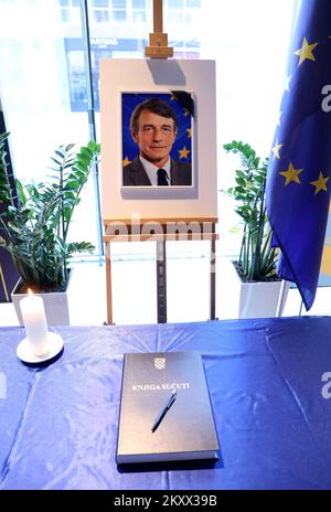 A condolence book for late European Parliament President David Sassoli is pictured at Europe House, in Zagreb,Croatia, on January, 12, 2022. Photo: Patrik Macek/PIXSELL  Stock Photo