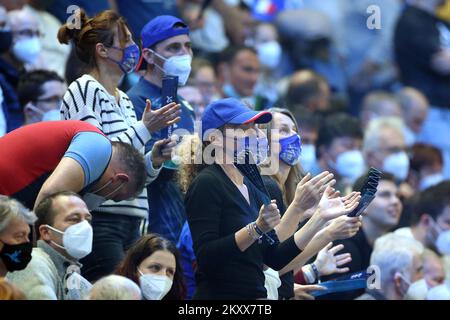 SZEGED, HUNGARY - JANUARY 17: Fans before the beginning of the Men's EHF EURO 2022 match between Serbia and France at Szeged Uj Arena on January 17, 2022 in Szeged, Hungary. Photo: Sanjin Strukic/PIXSELL Stock Photo