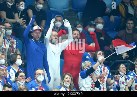 SZEGED, HUNGARY - JANUARY 17: Fans during the Men's EHF EURO 2022 match between Serbia and France at Szeged Uj Arena on January 17, 2022 in Szeged, Hungary. Photo: Sanjin Strukic/PIXSELL Stock Photo