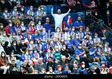 SZEGED, HUNGARY - JANUARY 17: Fans during the Men's EHF EURO 2022 match between Serbia and France at Szeged Uj Arena on January 17, 2022 in Szeged, Hungary. Photo: Sanjin Strukic/PIXSELL Stock Photo