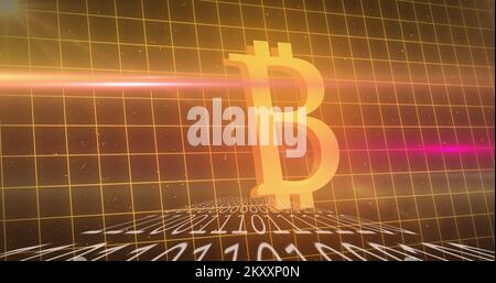 Bitcoin symbol over binary coding against grid lines Stock Photo