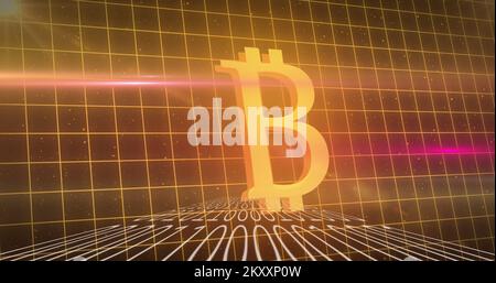 Bitcoin symbol over binary coding against grid lines Stock Photo