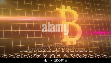 Bitcoin symbol over binary coding against grid lines Stock Photo