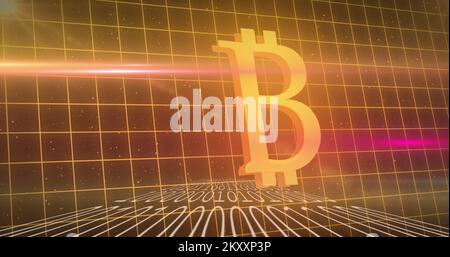 Bitcoin symbol over binary coding against grid lines Stock Photo