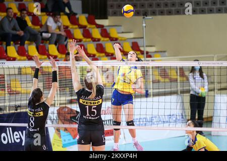 Mika Grbavica of Mladost Zagreb spikes during the CEV Cup the quarterfinal match between HAOK Mladost Zagreb and LKS Commerceone Lodz at Bojan Stranic Volleyball Hall in Zagreb, Croatia, on February 1, 2022. Stock Photo