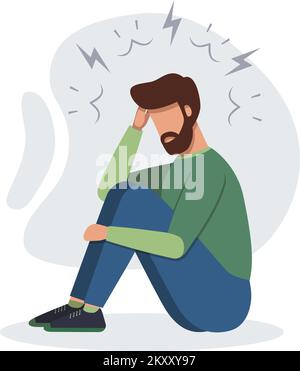 Stressed man sitting on the floor and holding his head. Headache, stress, depression, burnout or loneliness concept Stock Vector