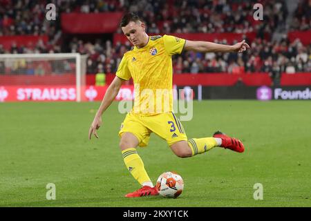Daniel Stefulj of Dinamo Zagreb controls a ball during the UEFA Europa League Knockout Round Play-Offs Leg One match between Sevilla FC and Dinamo Zagreb at Estadio Ramon Sanchez Pizjuan on February 17, 2022 in Seville, Spain. Photo: Goran Stanzl/PIXSELL Stock Photo