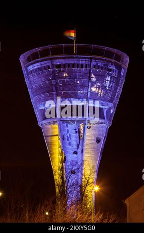 The Vukovar water tower - a symbol of Croatian unity illuminated in the colors of the Ukrainian flag as a sign of support for Ukrainians, in Zagreb, Croatia, on February 24, 2022. Photo: Miroslav Slafhauzer/PIXSELL Stock Photo