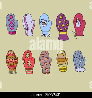 Doodle mittens and gloves with different texture and color. Stock Vector