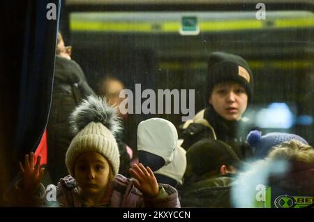 Ukrainian refugees at the railway station in Zahony, Hungary on March 3, 2022. Refugees from Ukraine, which is at war with Russia, are still arriving at Zahony railway station, and women, children and the elderly are fleeing their homes to EU security. Photo: Igor Soban/PIXSELL Stock Photo