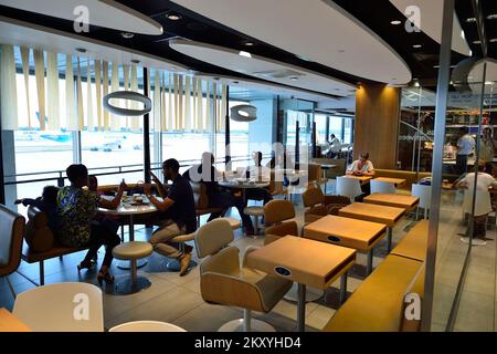 PARIS - AUGUST 08, 2015: McDonald's restaurant interior. McDonald's is the world's largest chain of hamburger fast food restaurants, founded in the Un Stock Photo