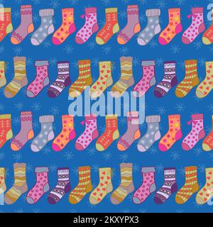 Winter socks seamless pattern on blue background. Different texture and color cartoon socks in a row. Stock Vector