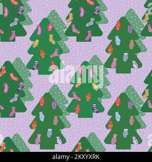 Christmas tree seamless pattern. Fir tree decorated with colourful socks and mittens. Stock Vector