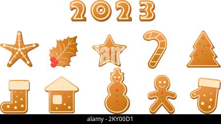 Set of cartoon Christmas cookies gingebread on white background, isolated. Seasonal traditional Christmas cookies. Stock Vector