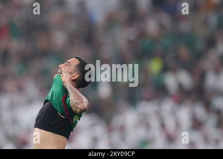 Lusail, Qatar. 30th Nov, 2022. Luis Chavez of Mexico reacts during the Group C match between Saudi Arabia and Mexico at the 2022 FIFA World Cup at Lusail Stadium in Lusail, Qatar, Nov. 30, 2022. Credit: Meng Dingbo/Xinhua/Alamy Live News Stock Photo