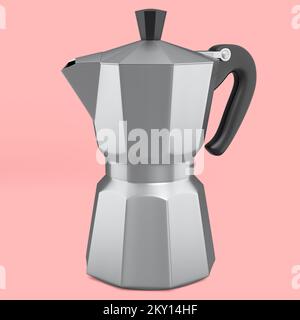 Italian geyser coffee maker a la moka on pink background. 3d render of coffee pot for making espresso coffee Stock Photo