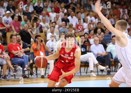 RIJEKA, CROATIA - JULY 03: Roko Prkacin of Croatia drives the ball during the FIBA Basketball World Cup 2023 Qualifying game between Croatia and Finland at Sports hall Zamet on July 3, 2022 in Rijeka, Croatia. Photo: Goran Kovacic/PIXSELL Stock Photo