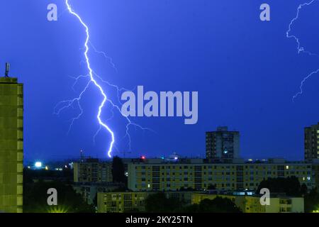 Lightning strikes over Zagreb, Croatia on July 4, 2022. During the night, a storm accompanied by lightning struck the area of Zagreb and its surroundings. Photo: Slaven Branislav Babic/PIXSELL Stock Photo
