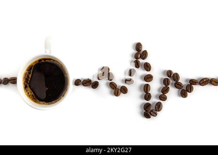 Cardiogram from coffee beans. White background. Stock Photo