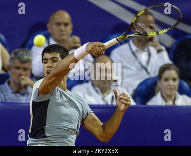 UMAG, CROATIA - JULY 31: Carlos Alcaraz of Spain play against Jannik Sinner of Italy during Menâ€™s Single final match on Day 8 of the 2022 Croatia Open Umag at Goran Ivanisevic ATP Stadium on July 31, 2022 in Umag, Croatia. Photo: Jurica Galoic/PIXSELL Stock Photo