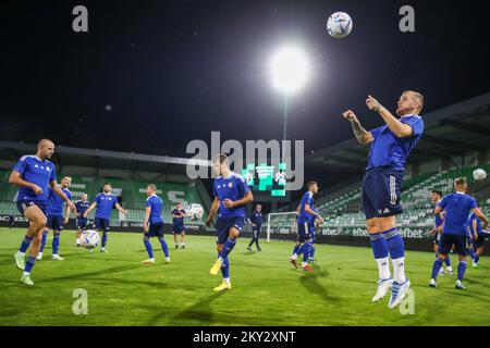 Dinamo's Petar Bockaj with teammates during an evening training session ahead of tomorrow's UEFA Champions League 3rd qualifying round match against Bulgaria's PFC Ludogorets 1945 at the Huvepharma Arena stadium in Razgrad, Bulgaria on August 1, 2022. Photo: Matija Habljak/PIXSELL Stock Photo