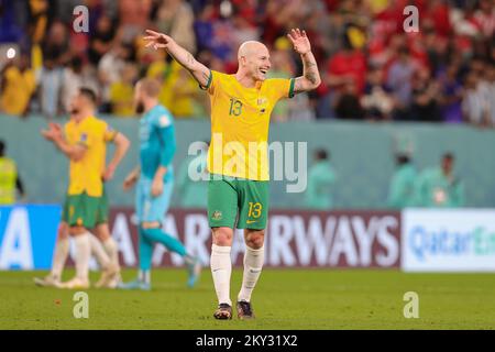 Aaron Mooy of Australia celebrates qualifying for the round of 16 during the FIFA World Cup Qatar 2022 Group D match between Australia and Denmark at Al Janoub Stadium, Al Wakrah, Qatar on 30 November 2022. Photo by Peter Dovgan.  Editorial use only, license required for commercial use. No use in betting, games or a single club/league/player publications. Stock Photo