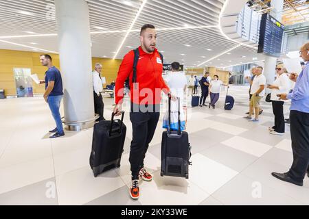 Croatia's Filip Mihaljevic, winner of the gold medal in Men's Shot Put at the 2022 European Championships in Munich, arrive at Airport Split on August 16, 2022, in Split, Croatia. Photo: Miroslav Lelas/PIXSELL Stock Photo