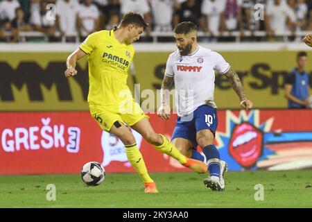 Marko Livaja of Hajduk in action against Jorge Cuenca Barreno of Villarreal during UEFA Europa Conference League Play-Off Second Leg match between Hajduk Split and Villarreal CF at Poljud Stadium on August 25, 2022 in Split, Croatia. Photo: Hrvoje Jelavic/PIXSELL Stock Photo