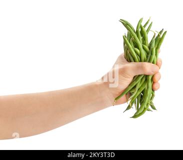 green beans in hand path isolated on white Stock Photo
