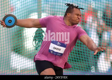 ZAGREB, CROATIA - SEPTEMBER 11: Lawrence Okoye of Great Britain competes in Men's Discus Throw during the World Athletics Continental Tour Gold 2022 - 72nd Boris Hanzekovic Memorial at Mladost Stadium on September 11, 2022 in Zagreb, Croatia. Photo by Igor Kralj/Pixsell Stock Photo