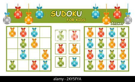 Sudoku Christmas children game with New Year balls toys for tree decoration. Kids logic education puzzle. Find missing holiday glass  baubles. Vector Stock Vector