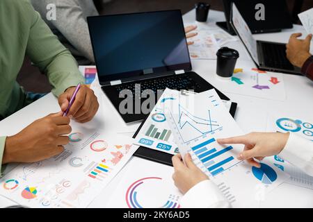 Brainstorm planing creative teamwork, Close up of hands mobile phone app developer team meeting about screen display prototype layout for smartphone Stock Photo