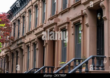 Row of Brownstones off Prospect Park West in Park Slope, Brooklyn ,New York, USA. Stock Photo